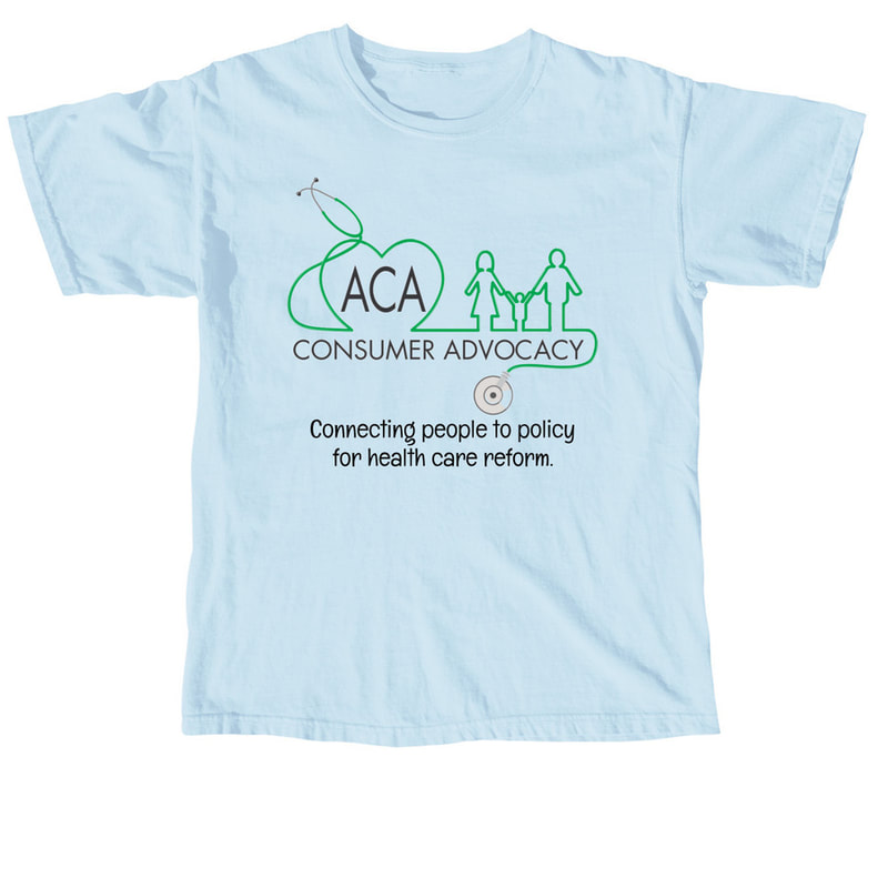 Picture of a light blue t-shirt with ACA Consumer Advocacy wrapped in a green stethoscope shaped into a heart and impact of a woman, child, and man. Text underneath says: "Connecting people to policy for health care reform."
