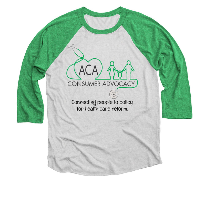 Picture of a white baseball shirt with green sleeves with ACA Consumer Advocacy wrapped in a green stethoscope shaped into a heart and impact of a woman, child, and man. Text underneath says: "Connecting people to policy for health care reform."