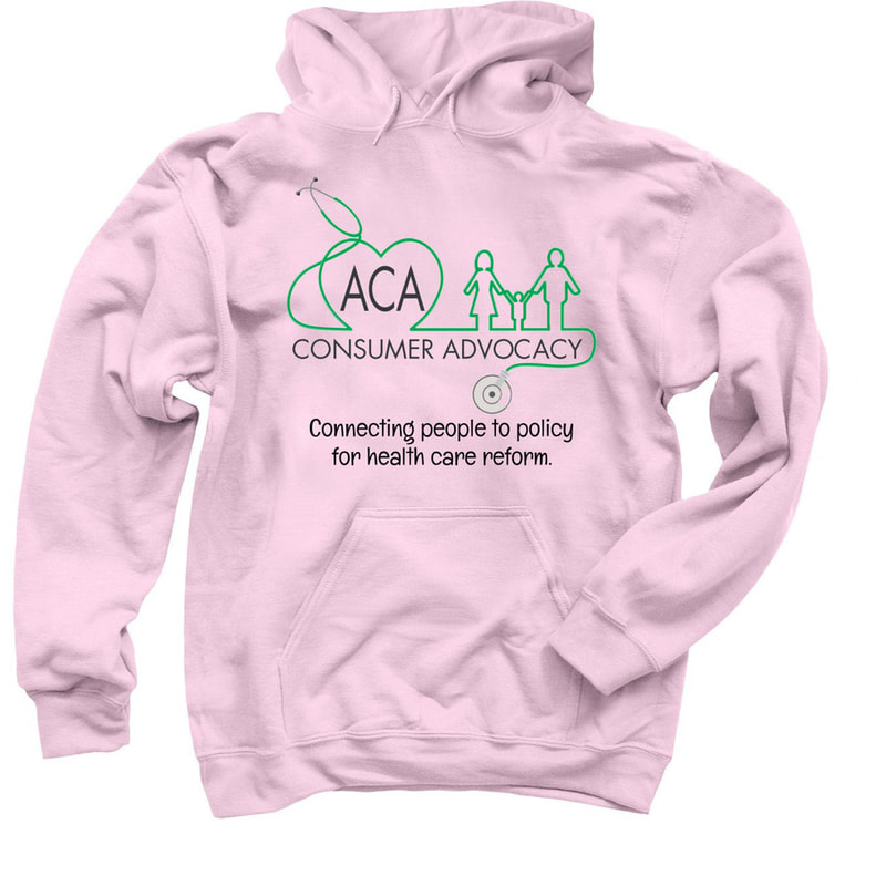 Picture of a pink hoodie with ACA Consumer Advocacy wrapped in a green stethoscope shaped into a heart and impact of a woman, child, and man. Text underneath says: "Connecting people to policy for health care reform."