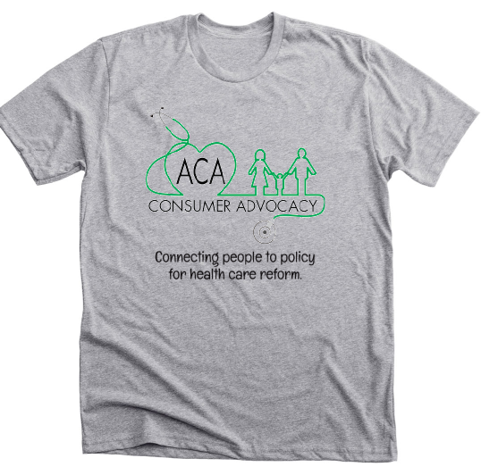 Picture of a grey t-shirt with ACA Consumer Advocacy wrapped in a green stethoscope shaped into a heart and impact of a woman, child, and man. Text underneath says: "Connecting people to policy for health care reform."